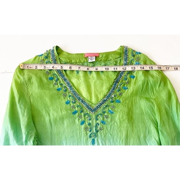 Glam Souls Tunic Top Women S/M Blue Green Silk Boho Beads Beach Resortwear Slit - Picture 3 of 10